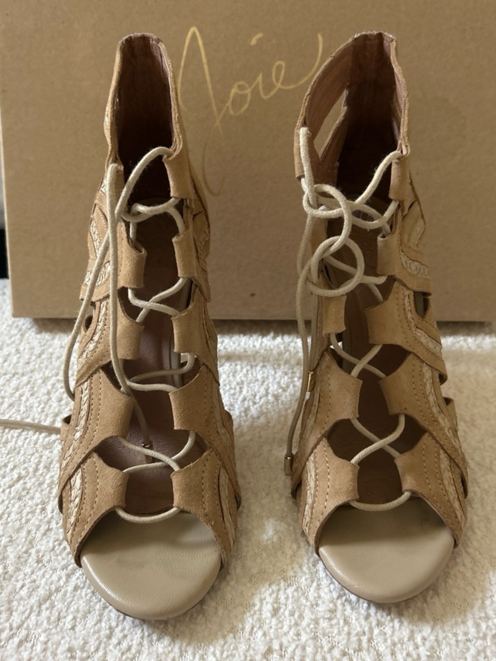 Lace-Up Suede Peep-Toe Heels in Tan
